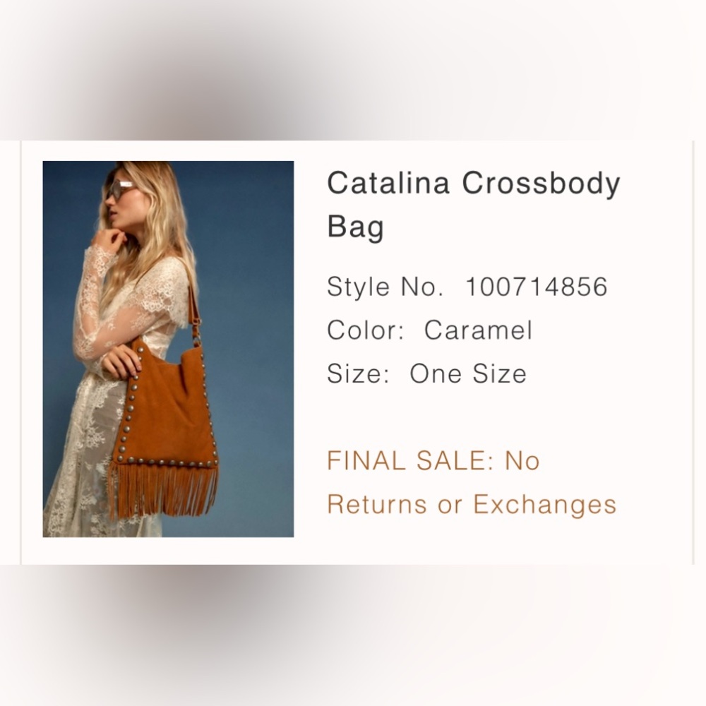 Free People Tan Suede Fringe Crossbody Bag with Studs - Picture 2 of 3